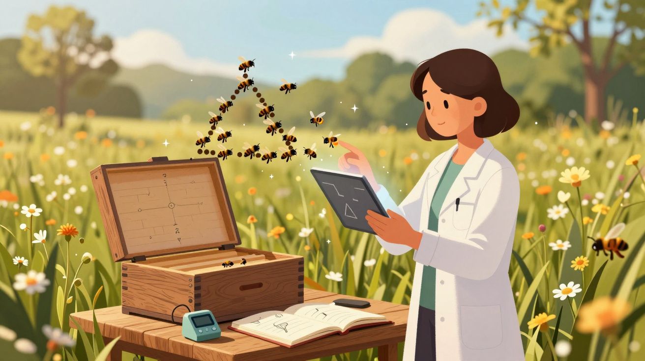 Mulher cientista interage com abelhas que formam um triângulo junto a equipamentos e notas num campo florido.