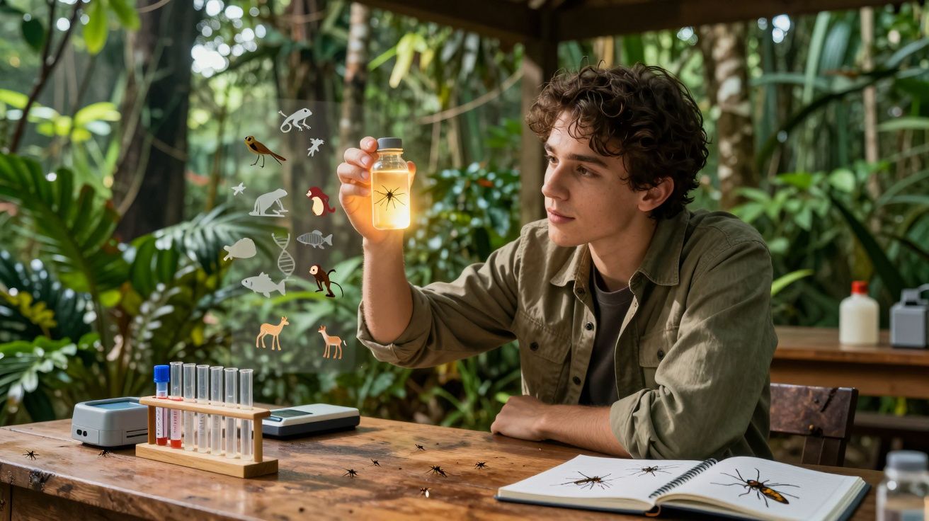Jovem cientista observa amostra com inseto dentro de frasco em ambiente com equipamentos de laboratório e natureza.