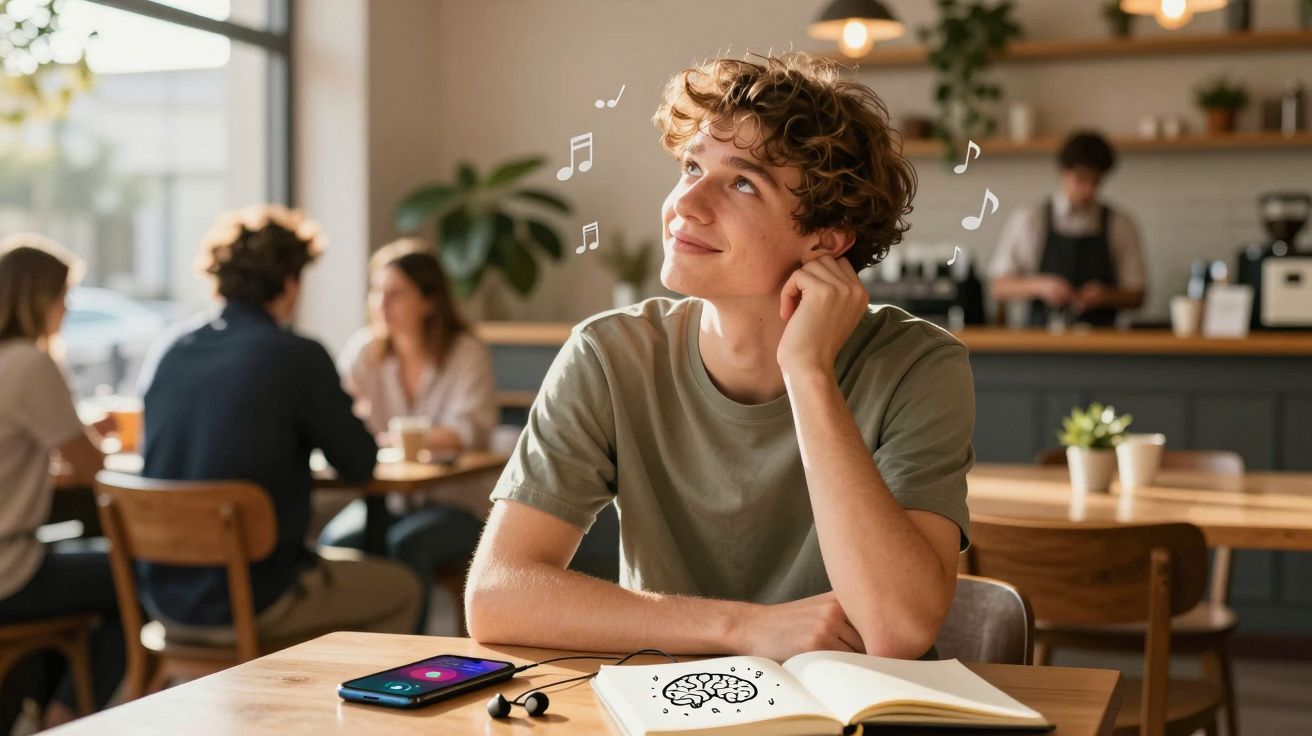 Jovem sentado numa cafetaria a ouvir música, com caderno aberto à sua frente e desenho de um cérebro.