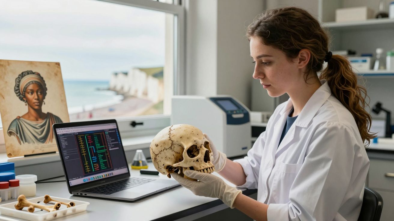 Cientista de bata branca e luvas analisa um crânio humano num laboratório com computador e ossos.