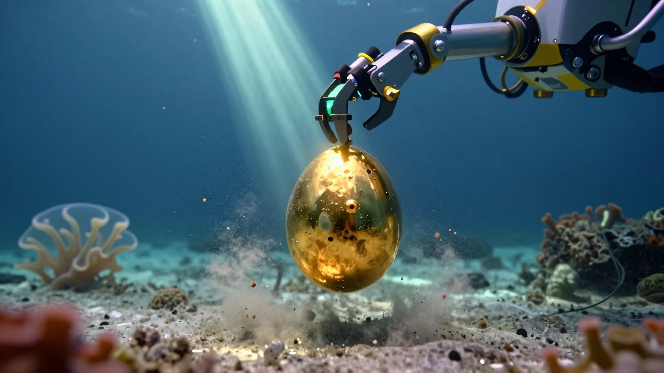 Braço robótico subaquático a segurar um ovo dourado com corais e areia no fundo do mar.