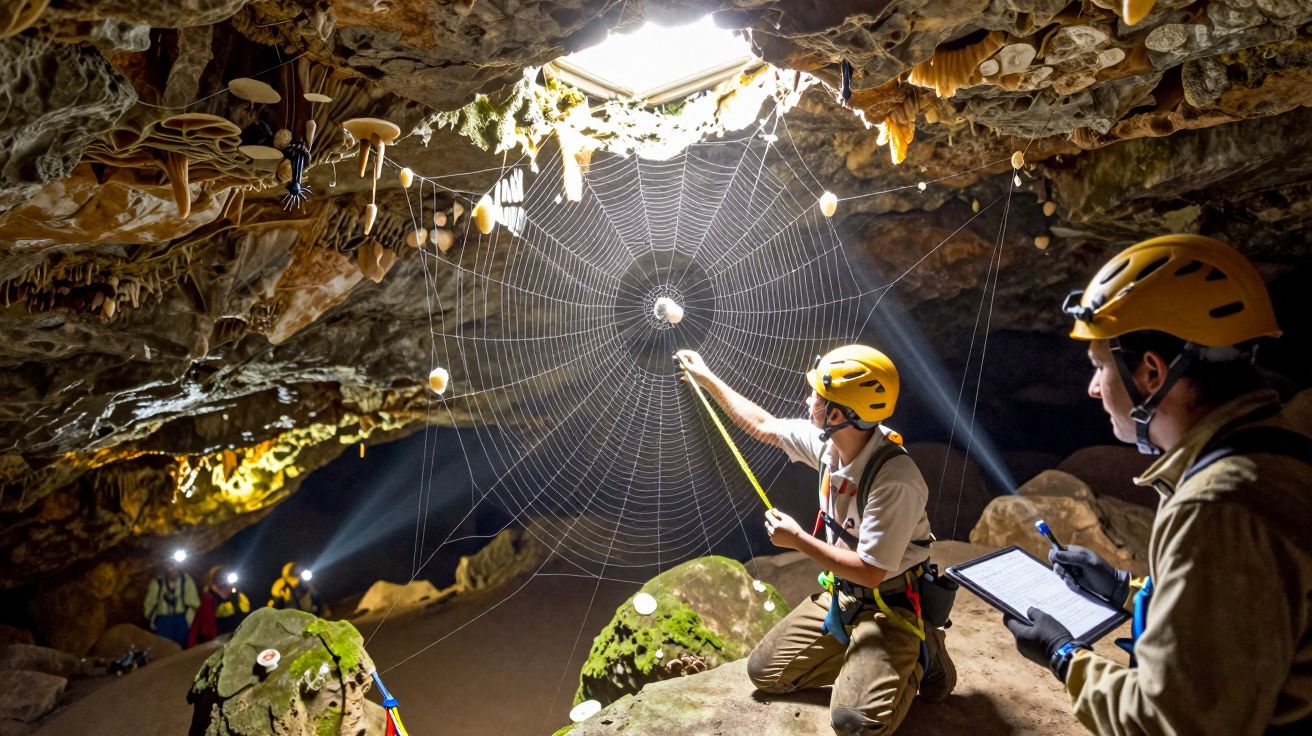 Exploradores em caverna medem e documentam grande teia de aranha com cogumelos e pedras úmidas ao redor.