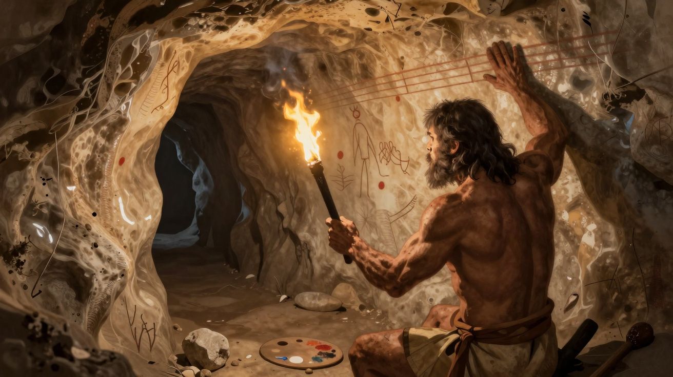 Homem pré-histórico com tocha pinta desenhos rupestres numa caverna iluminada pelo fogo.