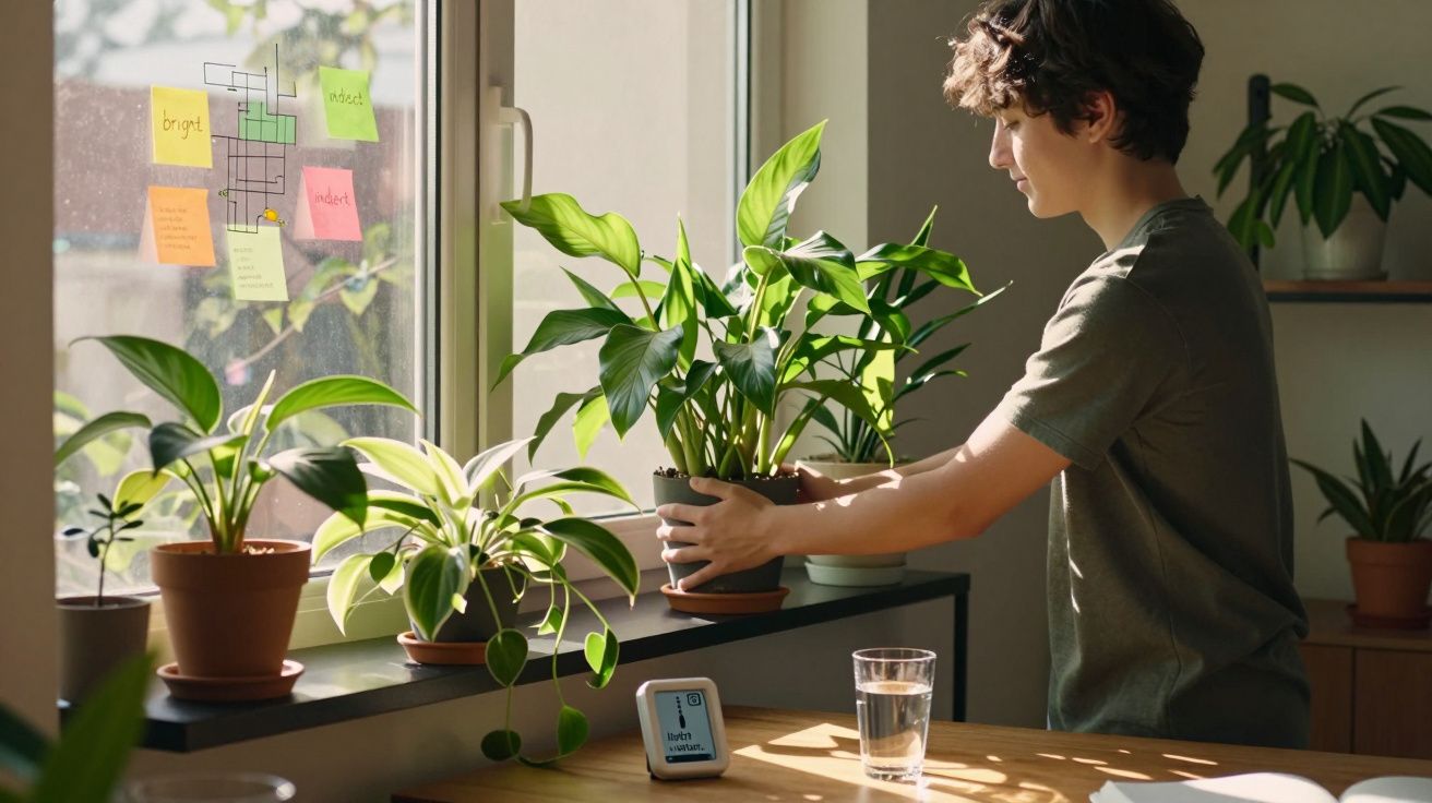 Jovem a colocar planta junto à janela, com várias plantas em vasos e notas coloridas no vidro.