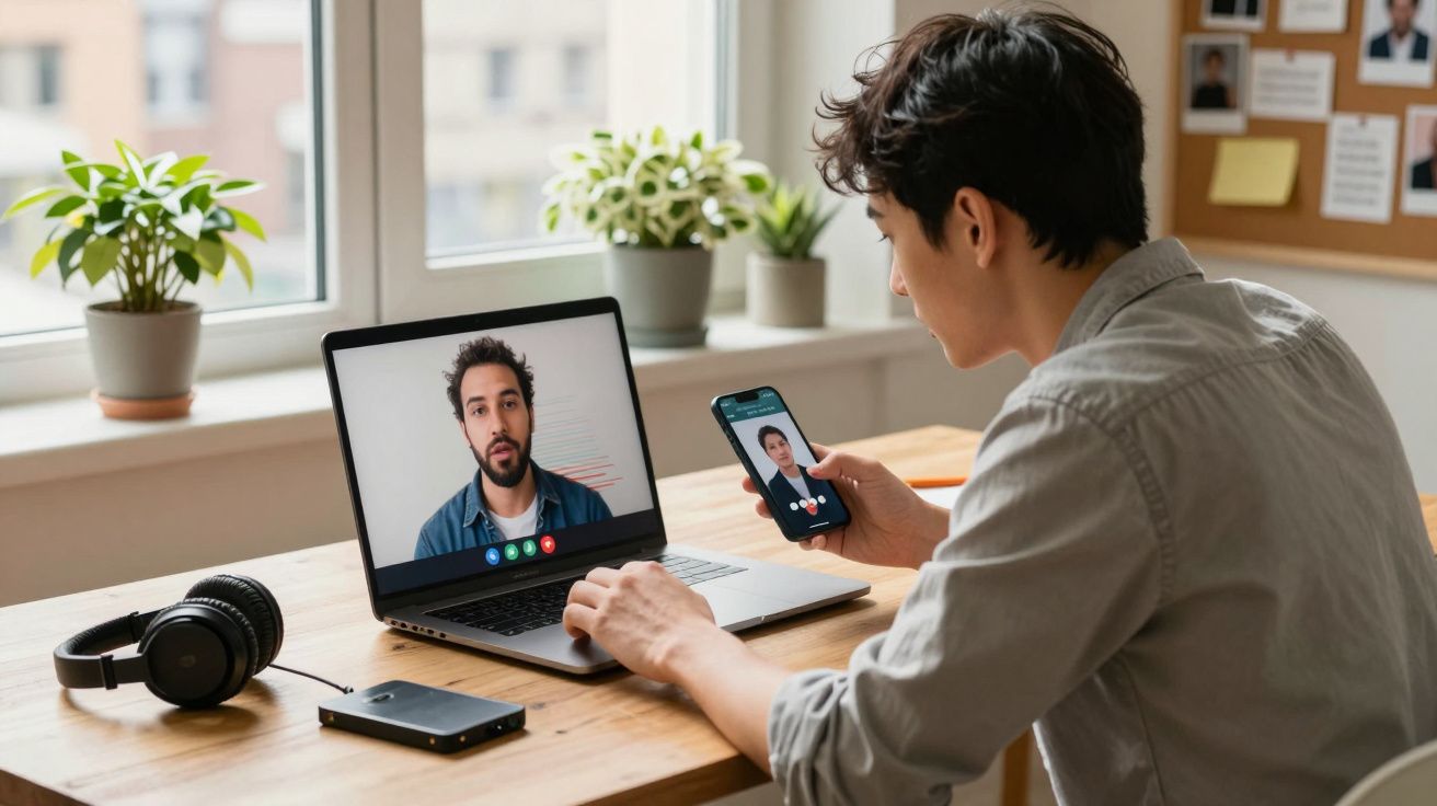 Pessoa em videoconferência num portátil e videochamada num smartphone, num escritório com plantas na janela.