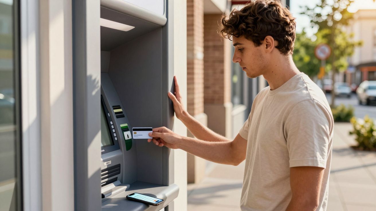 Jovem a usar um cartão num multibanco ao ar livre com telemóvel colocado na máquina.