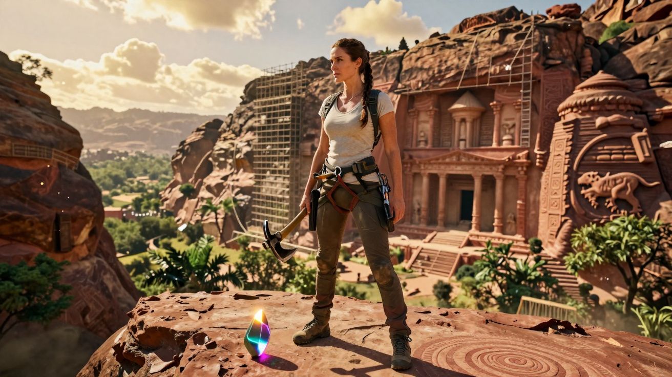 Mulher com equipamento de escalada em ruínas antigas esculpidas na rocha, cenário desértico ao fundo.