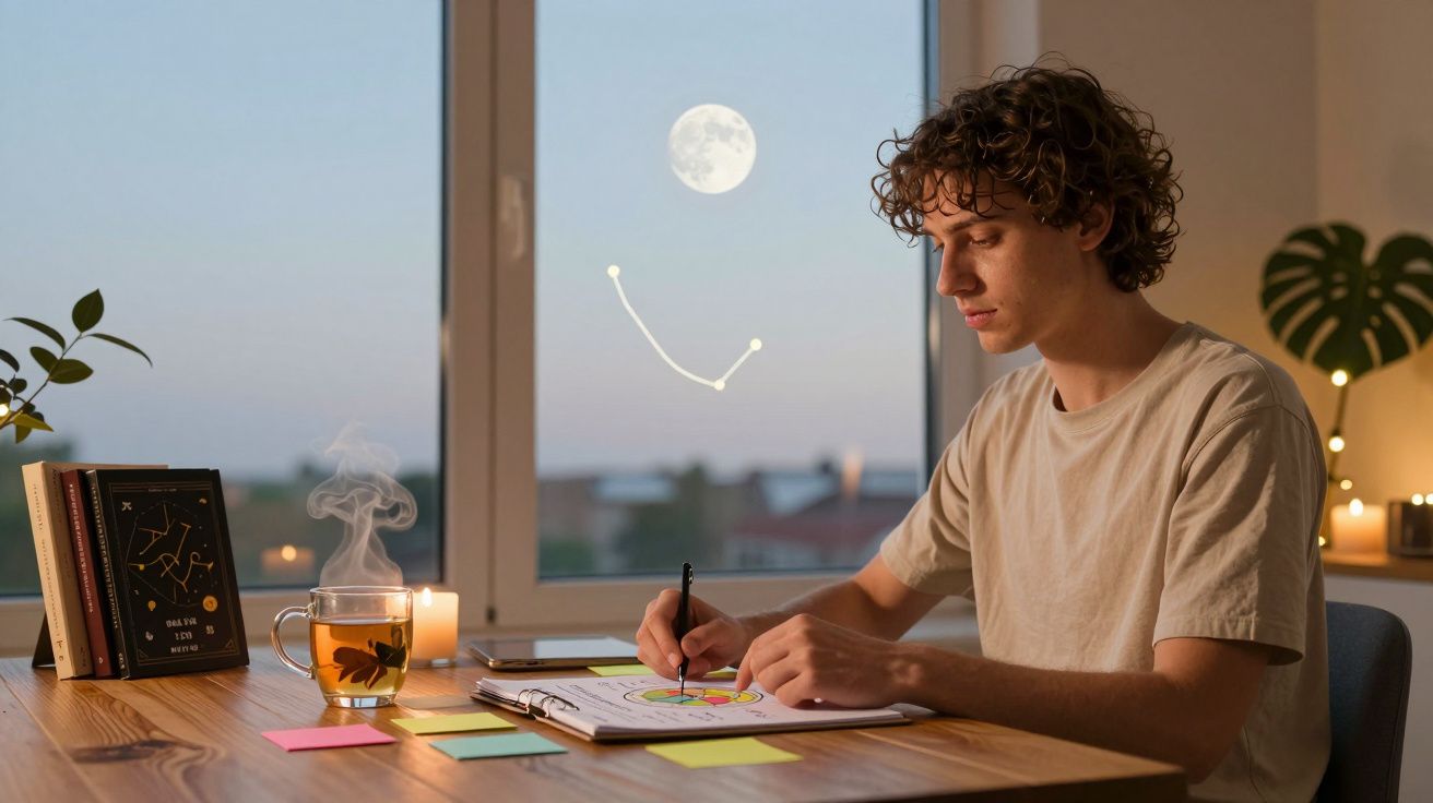 Jovem a desenhar num caderno sentado junto a uma janela com chá fumegante e desenhos de constelações.