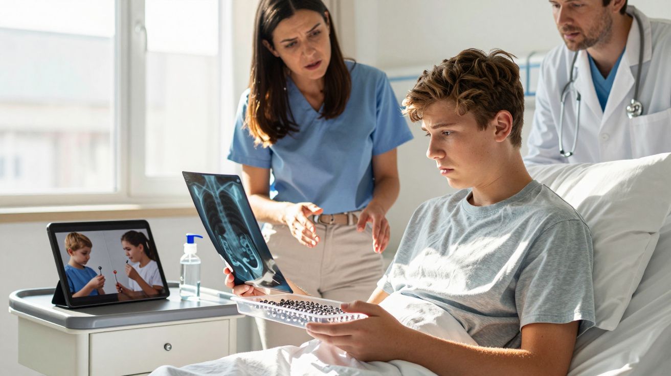 Jovem paciente no hospital examina uma radiografia com médica e médico ao lado, tela mostra vídeo de crianças.
