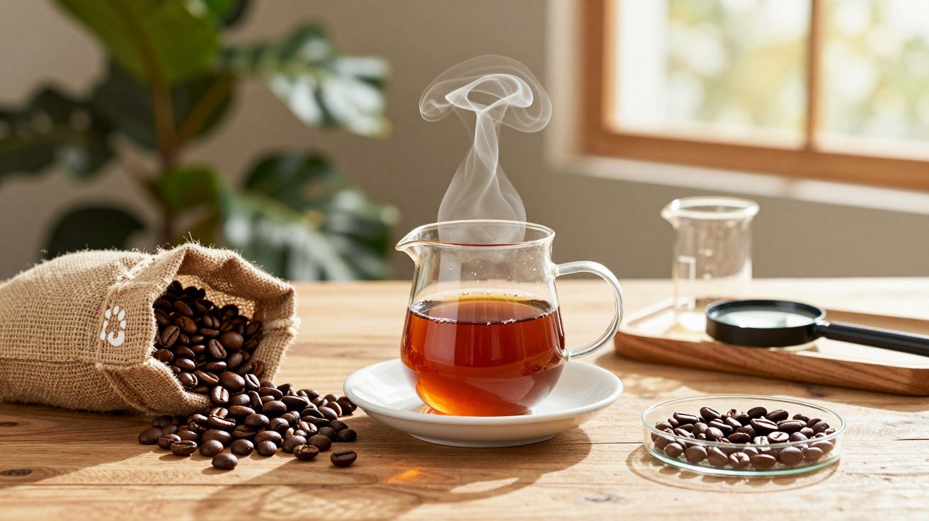 Chá quente numa chávena de vidro com vapor, ao lado de grãos de café espalhados numa mesa de madeira.