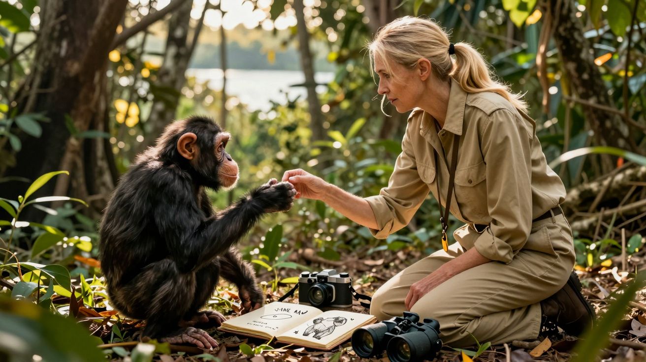 Mulher e chimpanzé trocam um aperto de mãos numa floresta, com material de observação ao redor.
