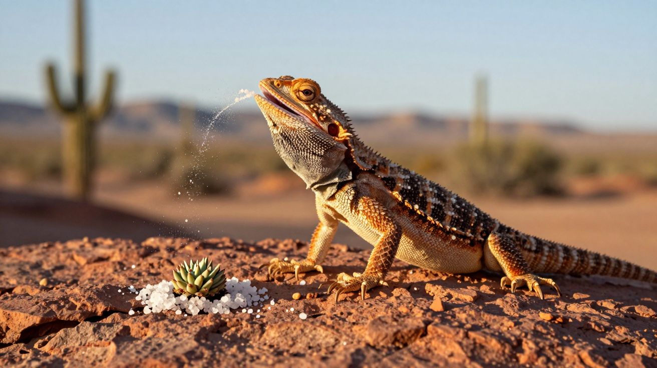 Lagarto colorido numa rocha no deserto, cuspindo partículas de água junto a pequena planta suculenta.