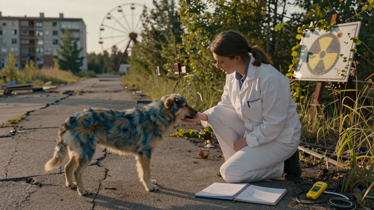 Mulher com fato branco acaricia cão manchado junto a sinal de radiação num ambiente urbano abandonado.