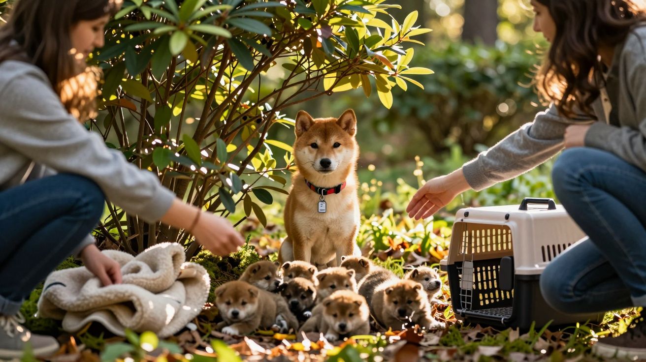 Cão adulto Shiba Inu com várias crias ao ar livre, ladeado por duas pessoas a cuidar deles.