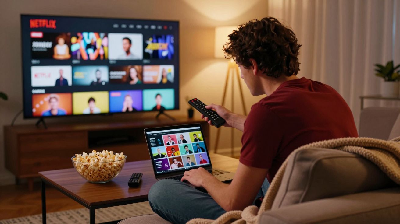 Jovem sentado no sofá a escolher um filme na Netflix, com portátil, comando e taça de pipocas à frente.