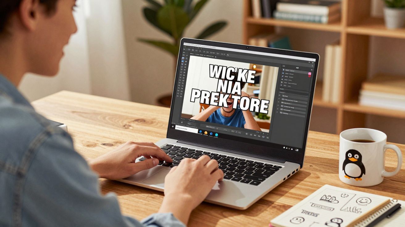 Pessoa a editar imagem num computador portátil, com caneca de pinguim e apontamentos numa secretária de madeira.