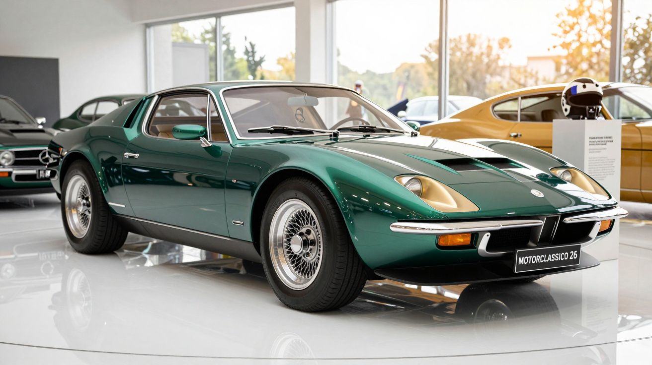 Carro desportivo clássico verde metálico exposto num museu com outras viaturas ao fundo.