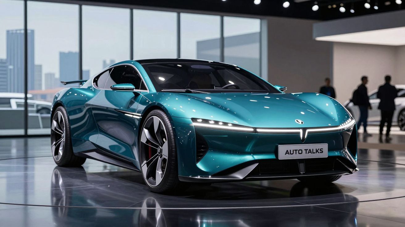 Carro desportivo elétrico azul metálico em exposição num salão automóvel moderno.