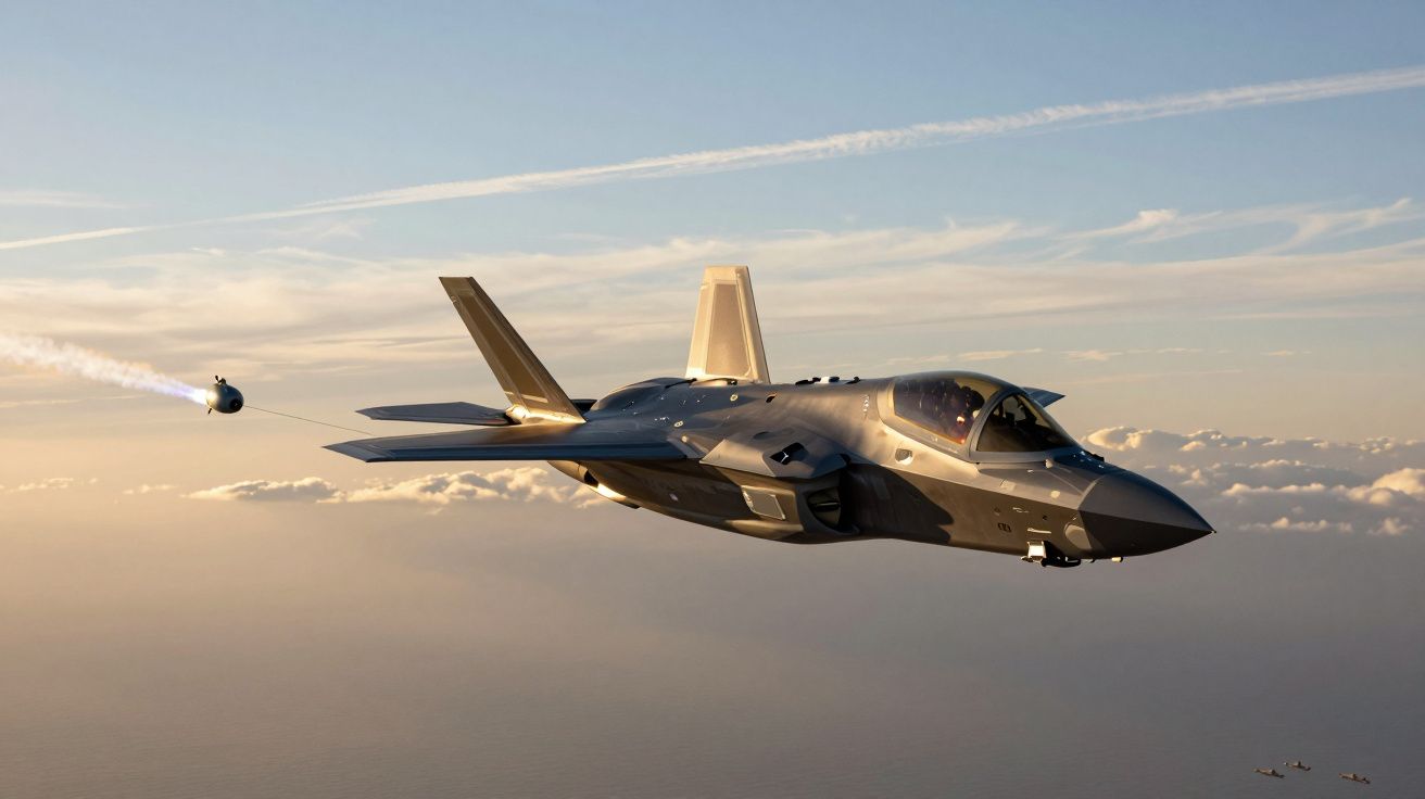 Caça furtivo militar em voo sobre nuvens durante o pôr do sol com dispositivo lançado atrás.