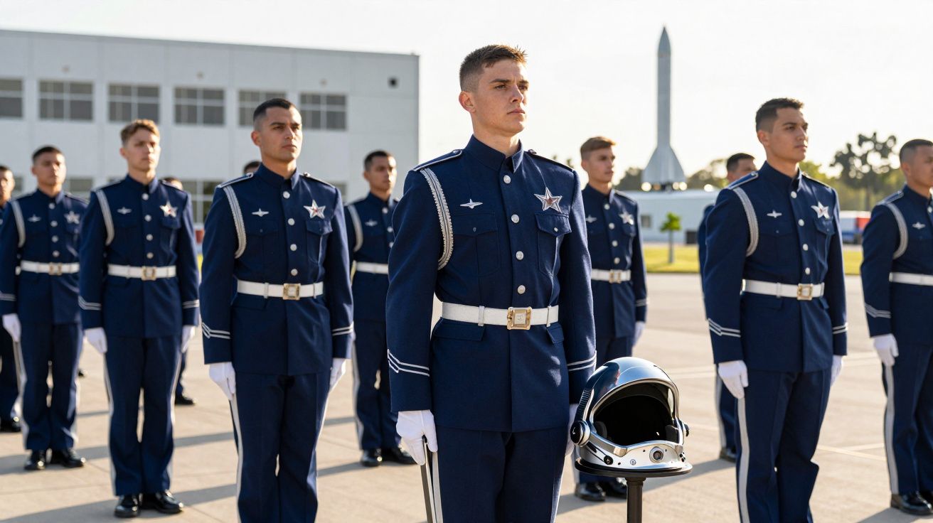 Jovens cadetes em uniforme azul marinho alinhados em formação ao ar livre, com capacete de piloto na frente.