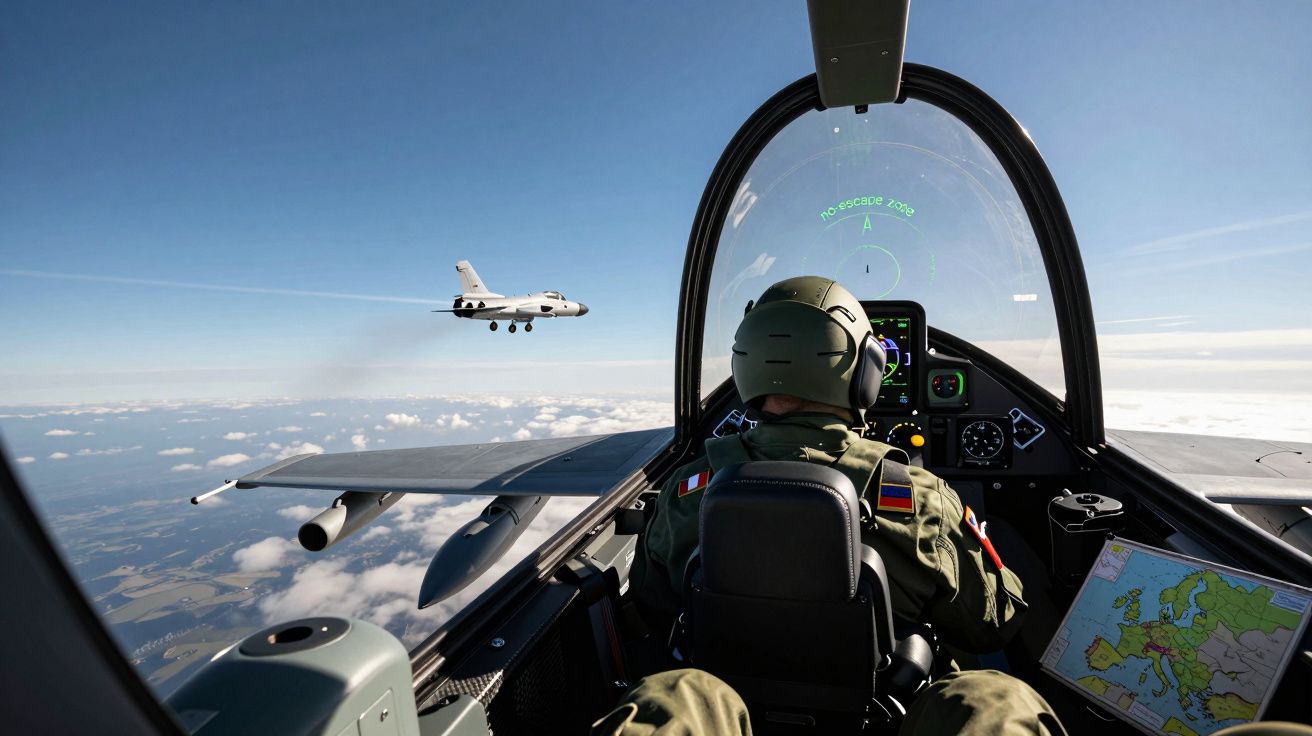 Piloto militar dentro da cabine de caça com vista para outro avião militar no céu acima das nuvens.