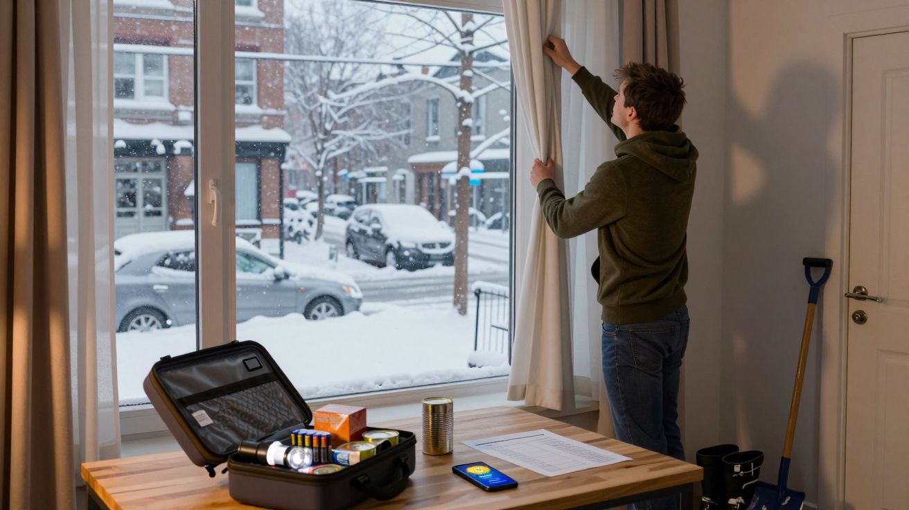 Homem a abrir cortinas para ver a neve acumulada na rua, com mesa e kit de emergência na sala.