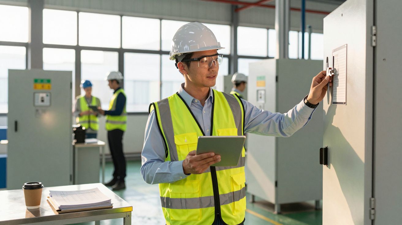 Engenheiro com colete reflexivo e capacete a verificar painel elétrico numa fábrica, segurando tablet.