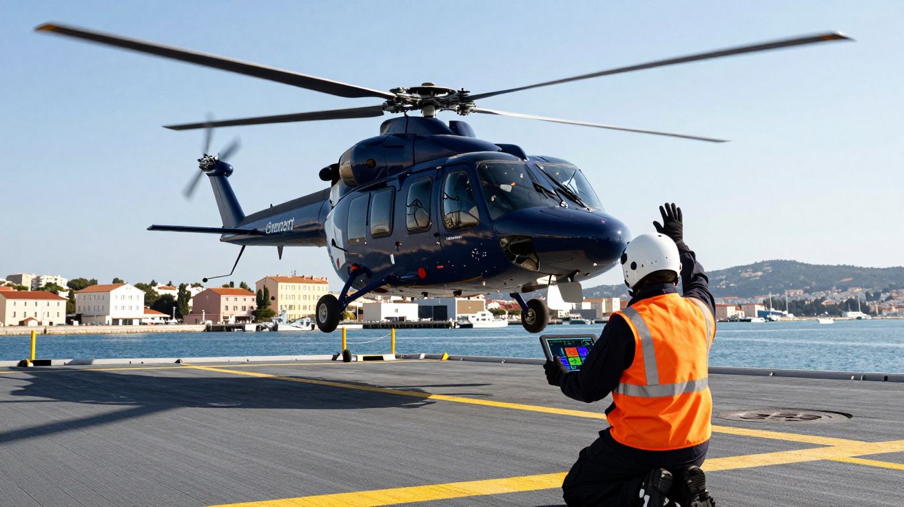 Helicóptero azul a levantar voo enquanto operador no cais com colete laranja orienta o piloto.