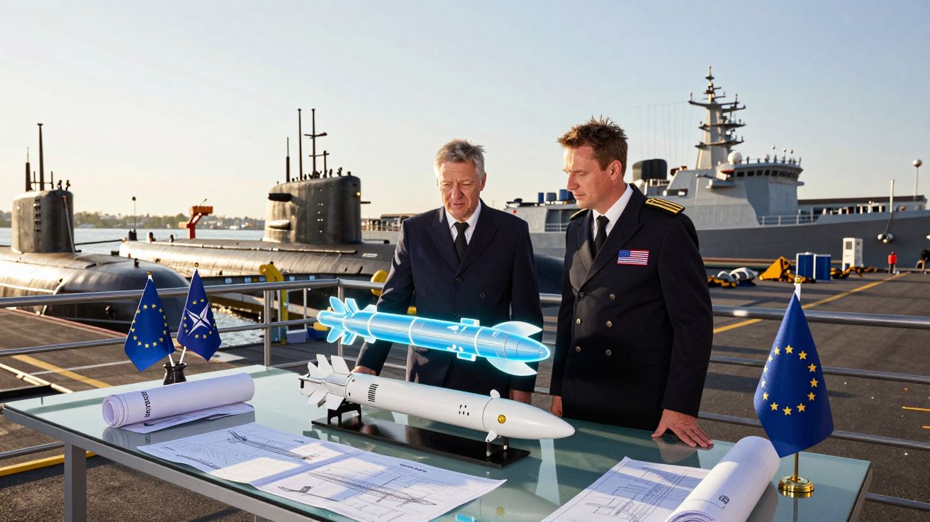 Dois homens em uniforme naval observam maquete de míssil com bandeiras da UE e OTAN num cais militar.