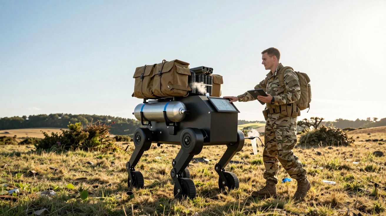 Soldado em uniforme com mochila interage com robô quadrúpede carregado, em campo aberto durante o dia.