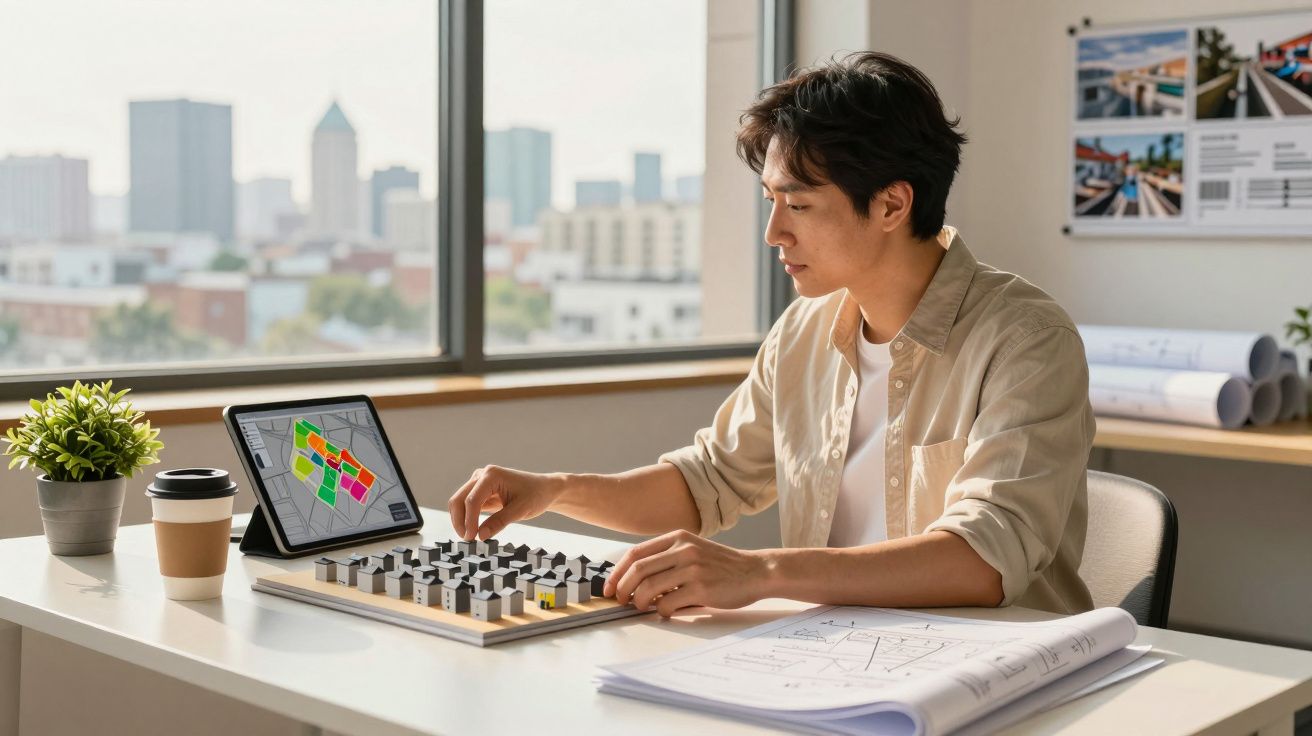 Jovem a trabalhar maqueta urbana numa mesa com planta digital e plantas desenhadas, vista de cidade ao fundo.