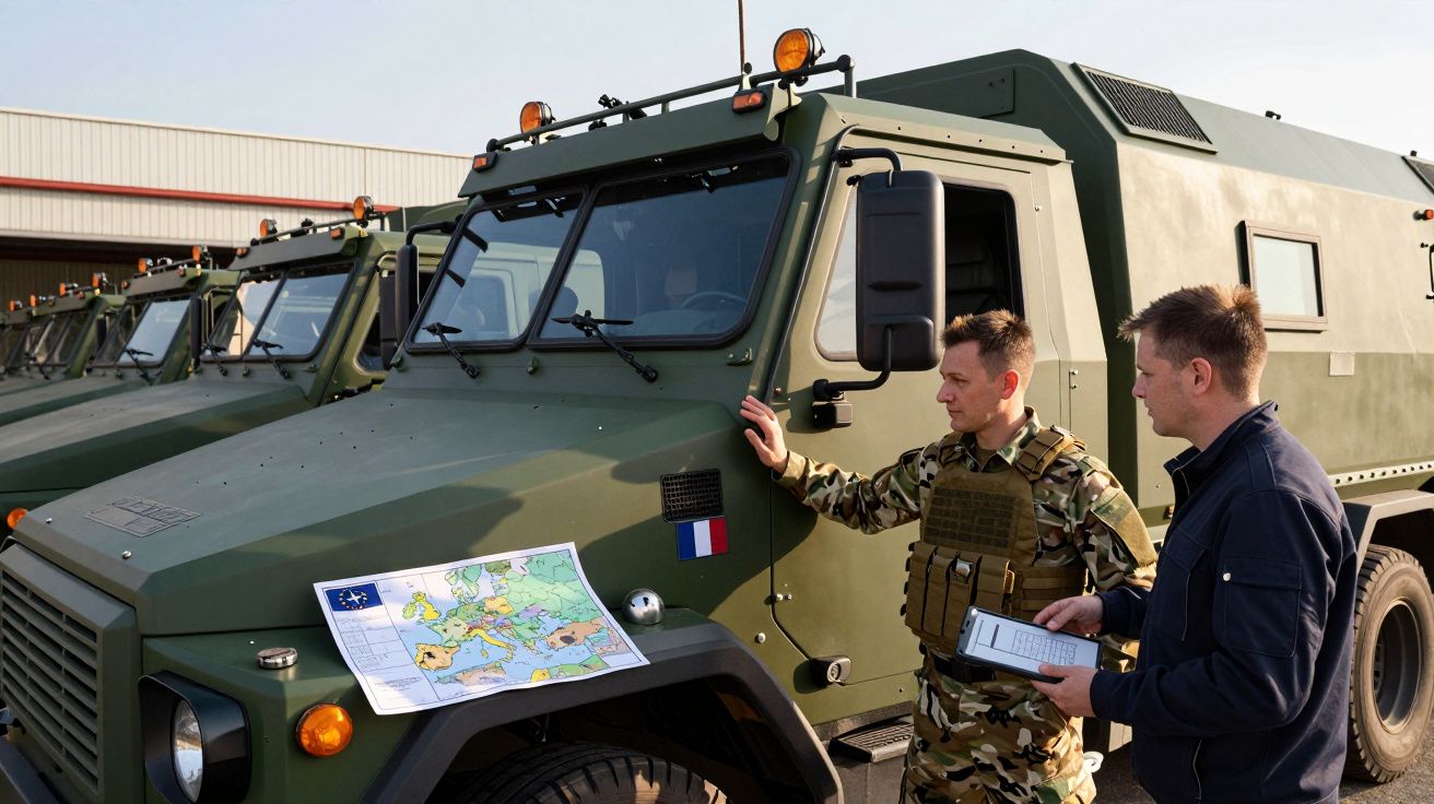 Dois homens junto a veículo militar verde, um com uniforme camuflado e mapa da Europa no capot.