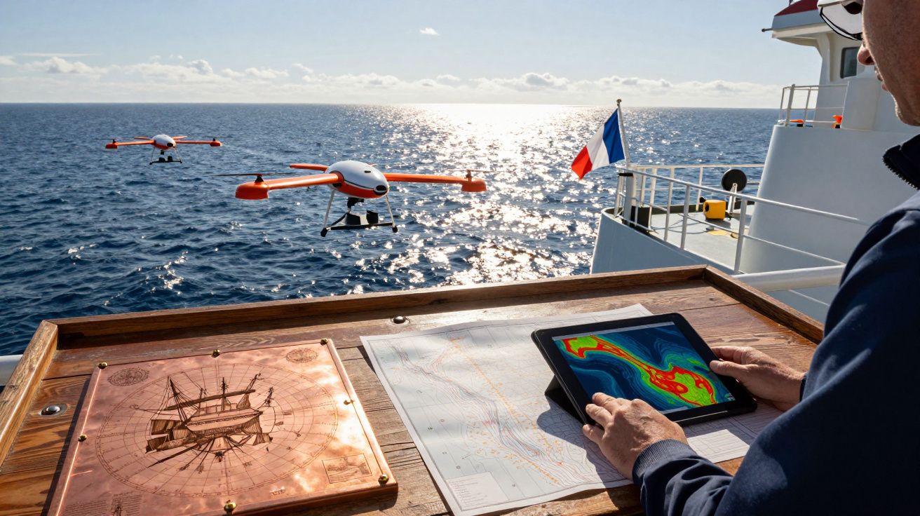 Homem numa embarcação navega com mapas e tablet enquanto drones voam sobre o mar brilhante ao pôr do sol.