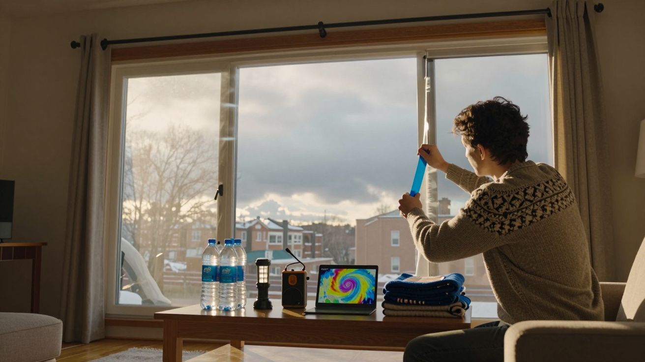 Pessoa a fechar janela durante tempestade, com mesa à frente contendo garrafas, lanterna, rádio e tablet.