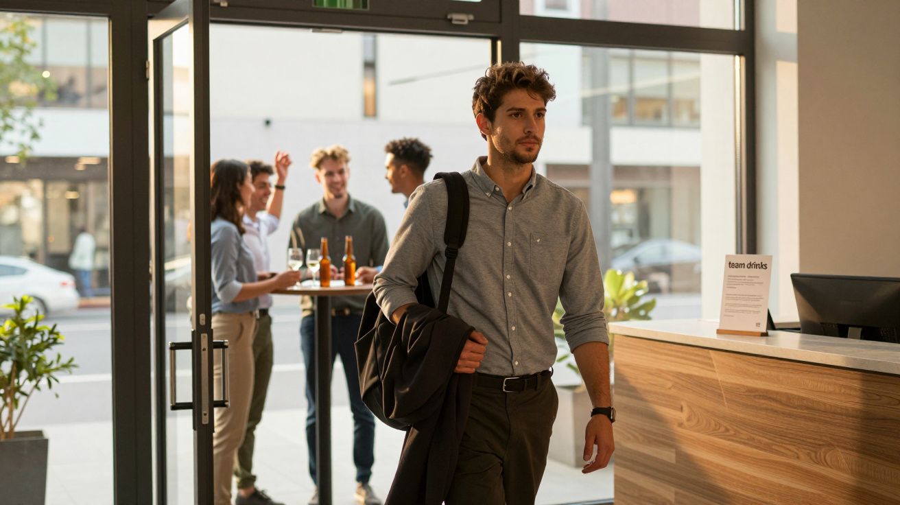 Homem de camisa entra numa receção moderna enquanto grupo socializa com bebidas ao fundo.
