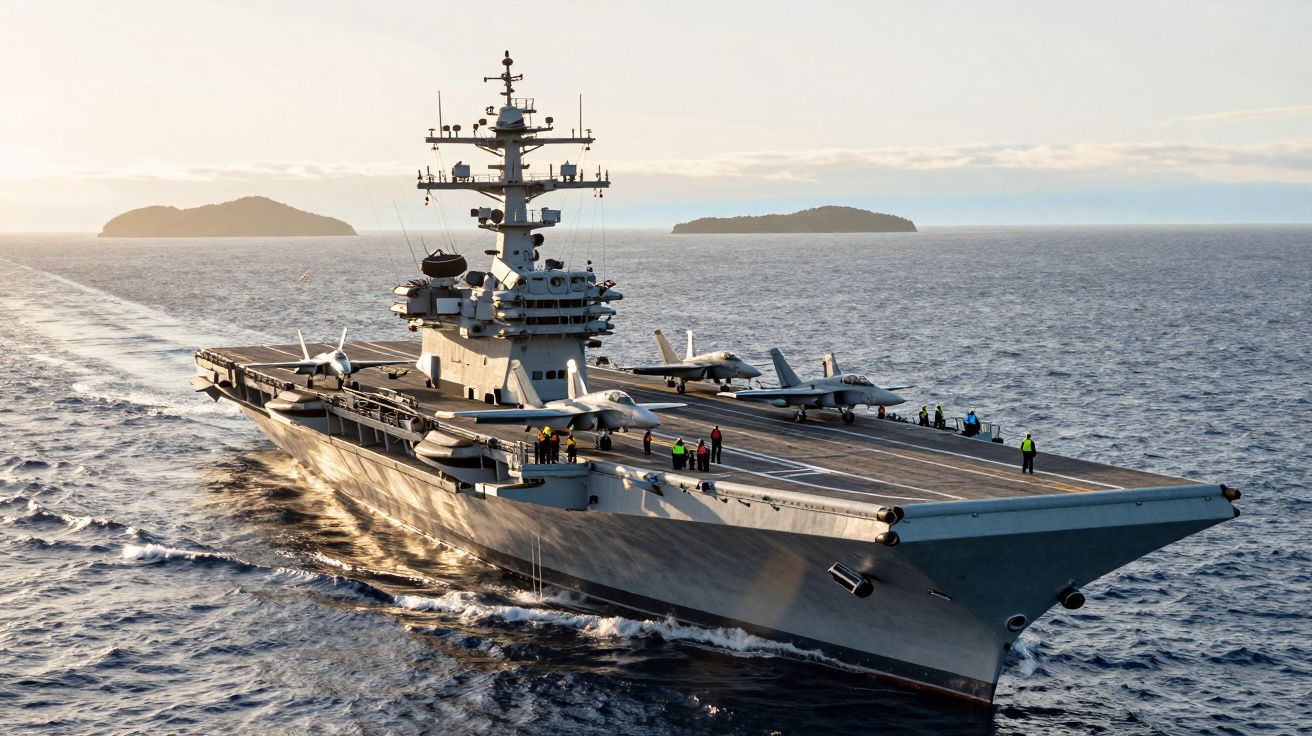 Porta-aviões a navegar no mar com vários aviões militares no convés, ao pôr do sol.