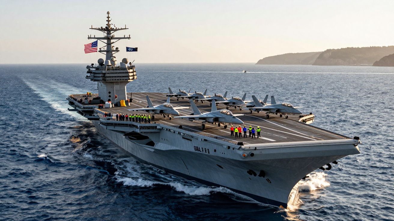 Porta-aviões militar americano em alto mar com aviões de combate no convés e tripulação a bordo.