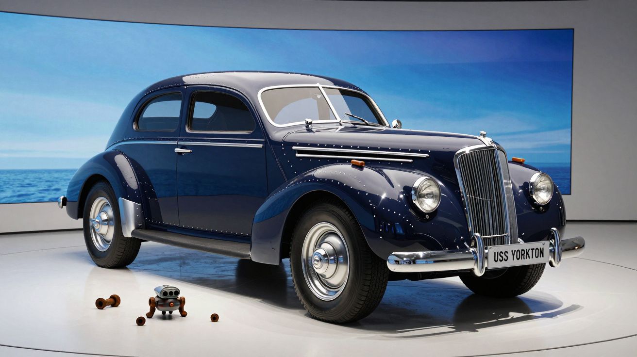 Automóvel clássico azul escuro exposto em espaço moderno com fundo de mar digital.