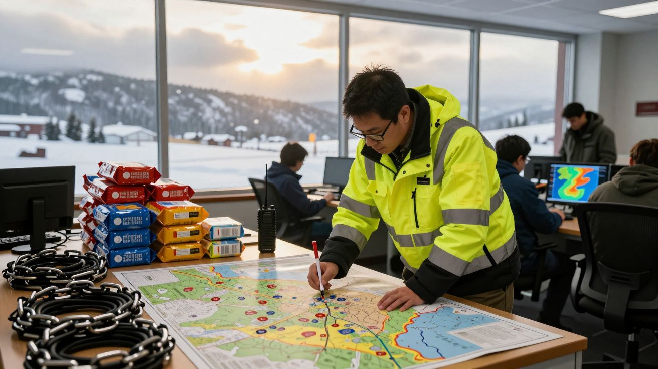 Homem com casaco refletor analisa mapa numa sala de escritório com vista para paisagem nevada.