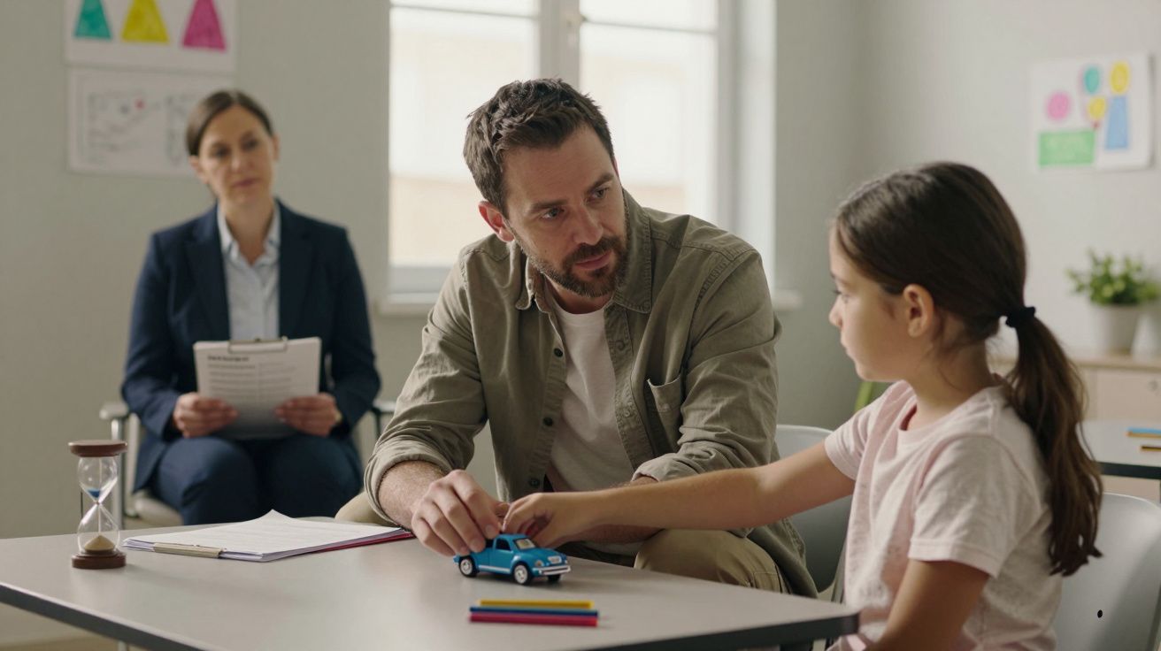 Homem e menina sentados à mesa a brincar com carrinho, mulher observa em consultório com brinquedos e documentos.
