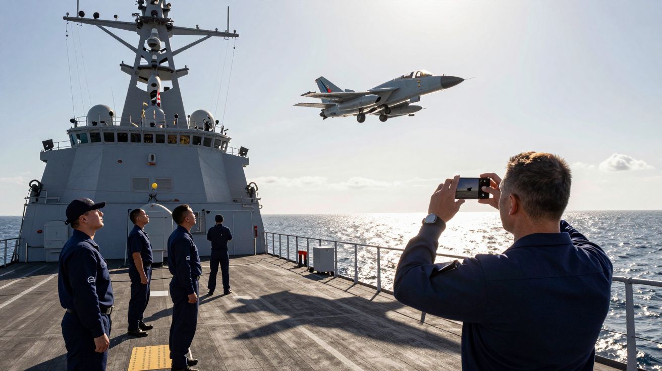 Pilotos da marinha observam e fotografam jato militar a voar baixo sobre um navio no mar aberto.