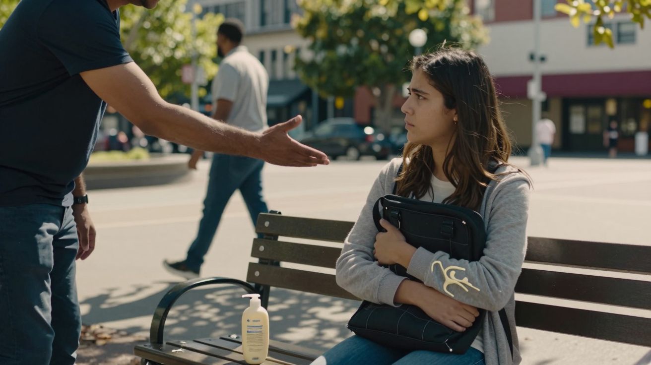 Mulher jovem sentada num banco ao ar livre a olhar desconfiada para homem que estende a mão.