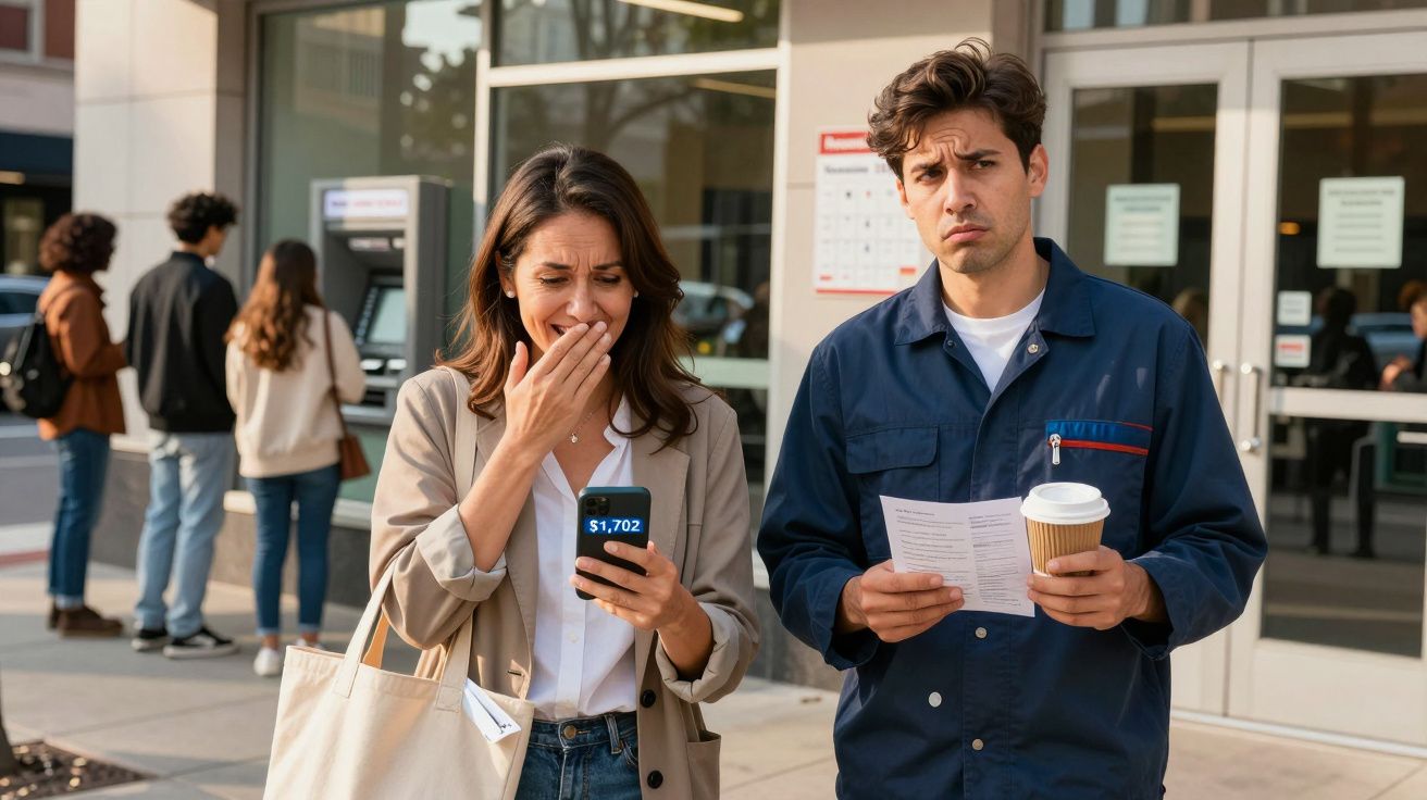 Casal preocupado com finanças, mulher vê saldo no telemóvel e homem lê documento com expressão séria.