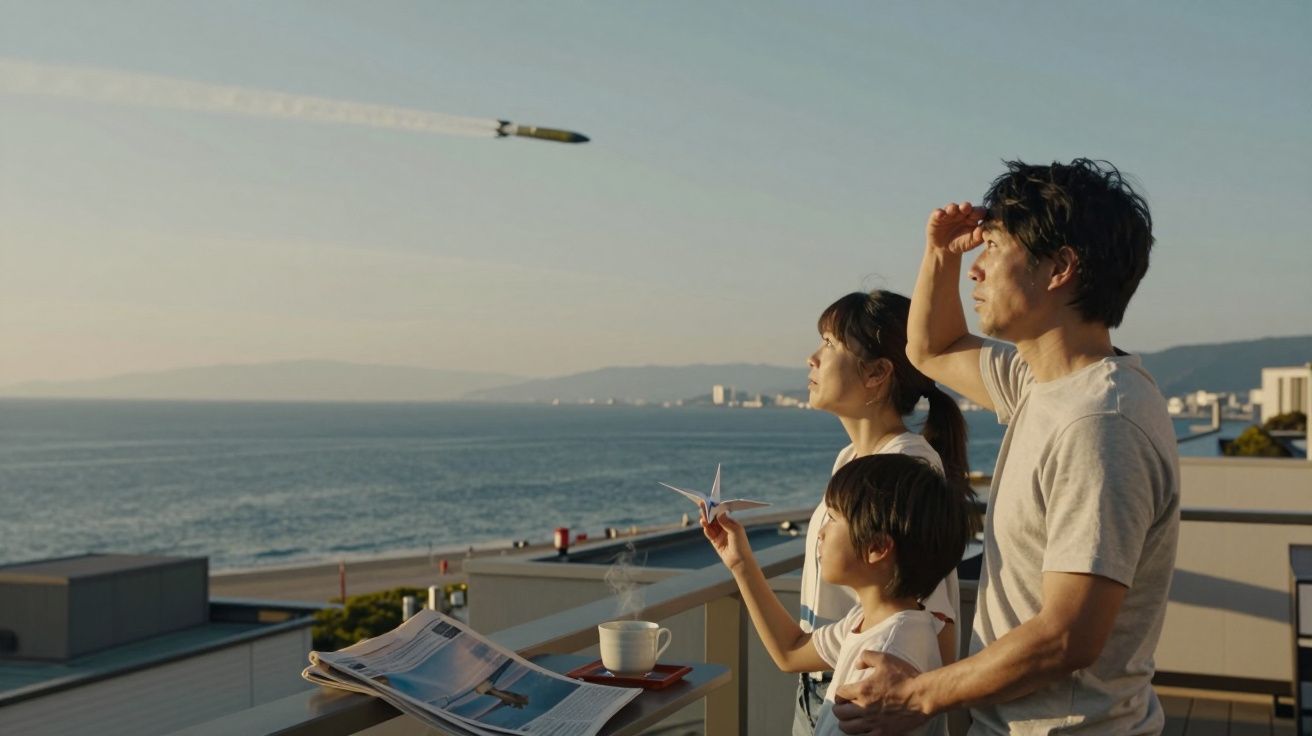 Família numa varanda junto ao mar observa um míssil a voar no céu ao pôr do sol.