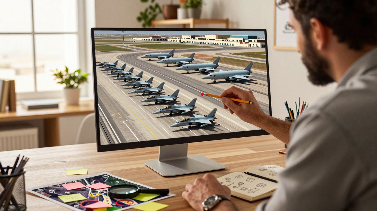 Homem a desenhar no computador um aeroporto com vários aviões na pista, numa sala iluminada.