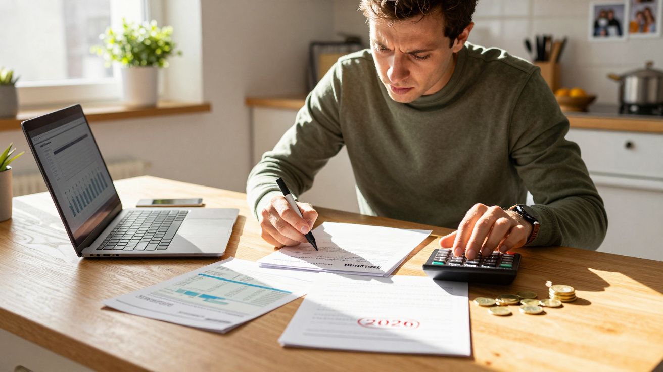 Homem a calcular finanças em casa com calculadora, laptop e documentos na mesa iluminada pelo sol.