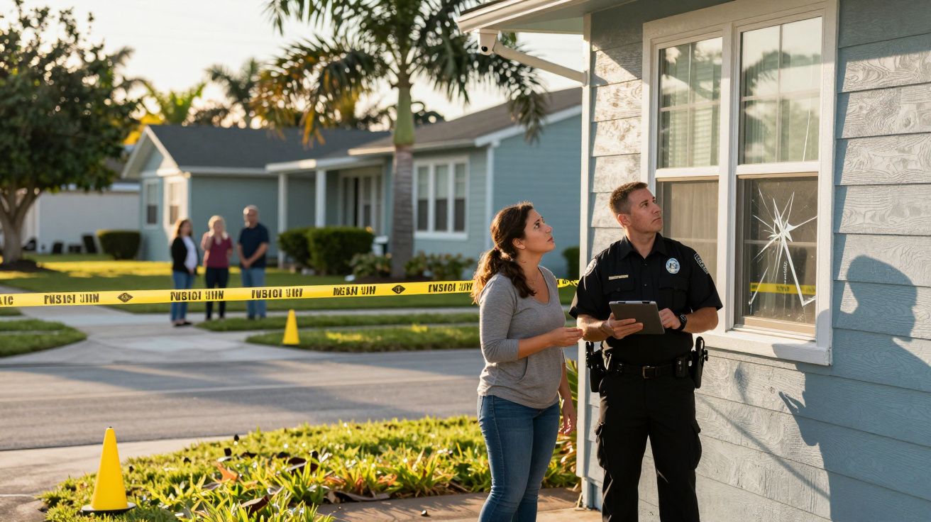 Polícia e mulher observam janela com impacto de bala num bairro residencial isolado com fita de cena do crime.
