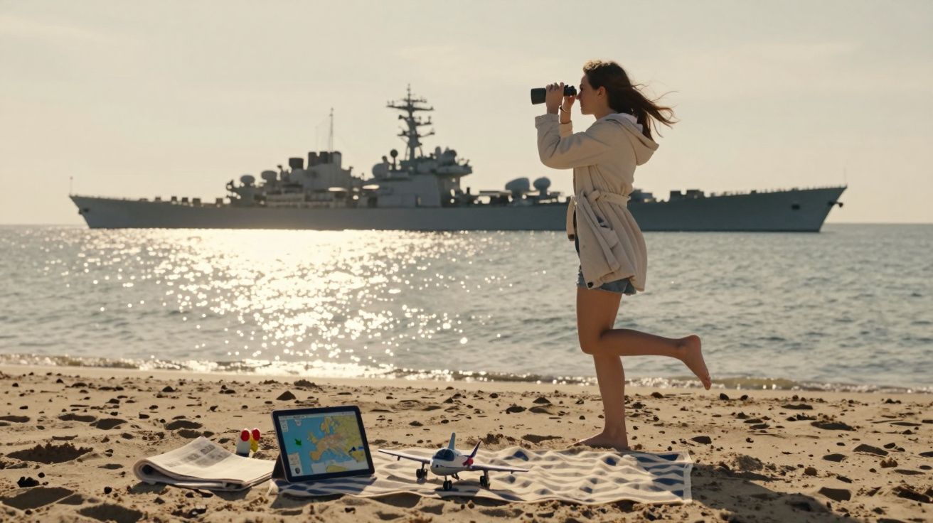 Mulher na praia com binóculos observa navio de guerra, perto de mapas, jornal e brinquedo avião na areia.