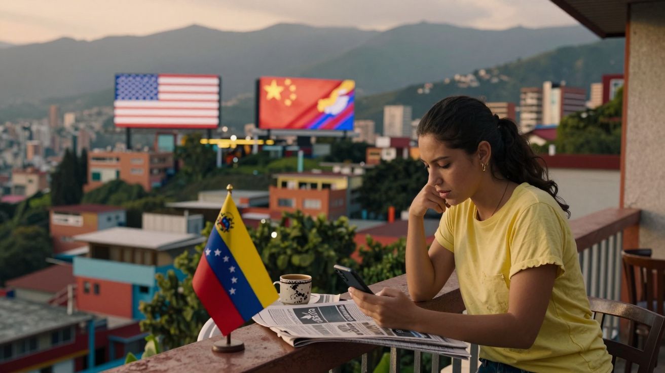 Mulher sentada numa varanda a ler telemóvel com bandeira da Venezuela e outdoors com bandeiras dos EUA e China ao fundo.