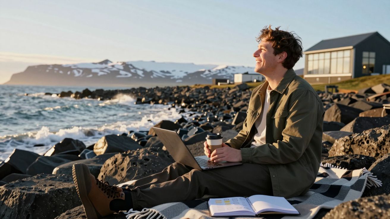 Homem sentado em manta na praia de pedras, com portátil, livro aberto e copo de café ao nascer do sol.